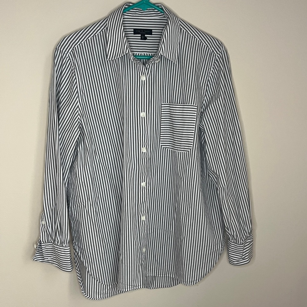 Rag & Bone women grey white striped button down long sleeve cuffed shirt large
